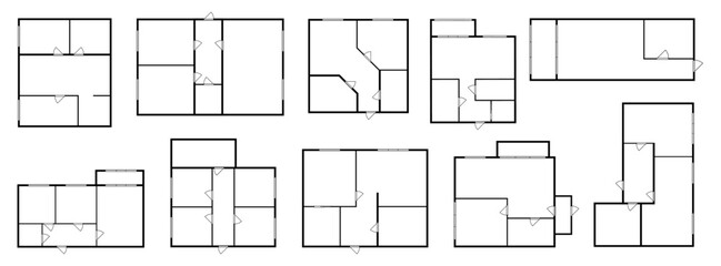 Top view of floor plan with empty rooms and doors. Vector flat cartoon, isolated interior design of apartment, condominium, home or house. Planning space for living and working, smart schemes - obrazy, fototapety, plakaty