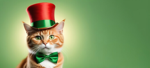 Funny cat portrait banner in a tall green hat St. Patrick's day copy space banner white grey background fluffy feline green eyes red brown
