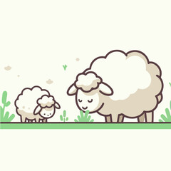 cute sheep and lamb eating grass cartoon character illustration