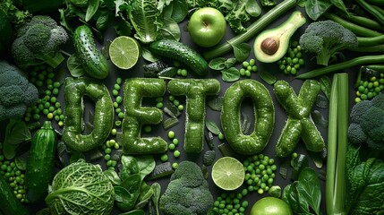 green vegetables and fruits arranged in the shape of the word Detox. The image showcases a healthy and vibrant composition promoting 1detoxification - obrazy, fototapety, plakaty