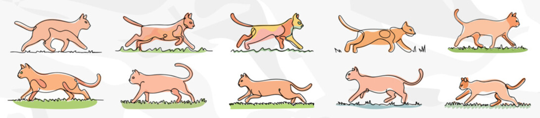 Laufende Katzen: Pastellfarbenes Lineart Vektorgrafik Bundle
