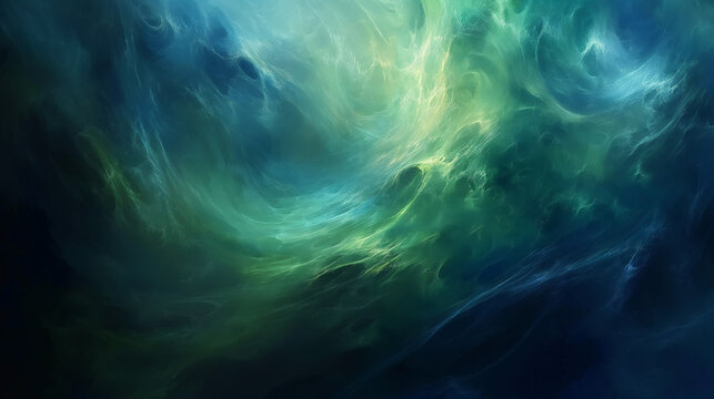 Swirling Blues and Greens Waves, Soft Brushstrokes Blend with Ethereal Light. Colorful Abstract Waves Wallpaper, Backdrop Concept.