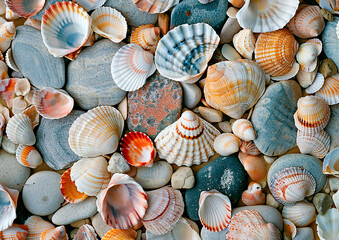 background made from shells, flotsam, stones; holiday feeling, sea sand - obrazy, fototapety, plakaty