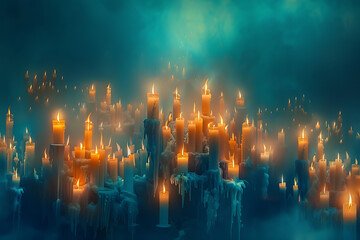 an array of candles on top of a blue background in th - obrazy, fototapety, plakaty