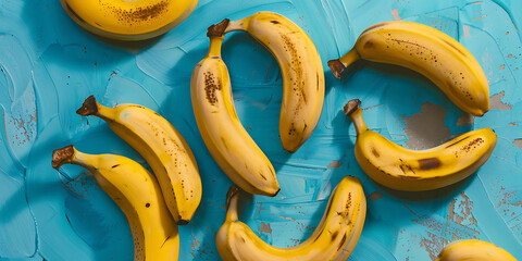 yellow bananas on blue background flat lay in the sty