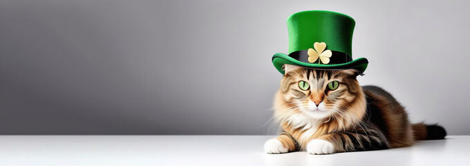 Funny cat full body in a tall green hat St. Patrick's day copy space banner white grey background fluffy feline green eyes red brown