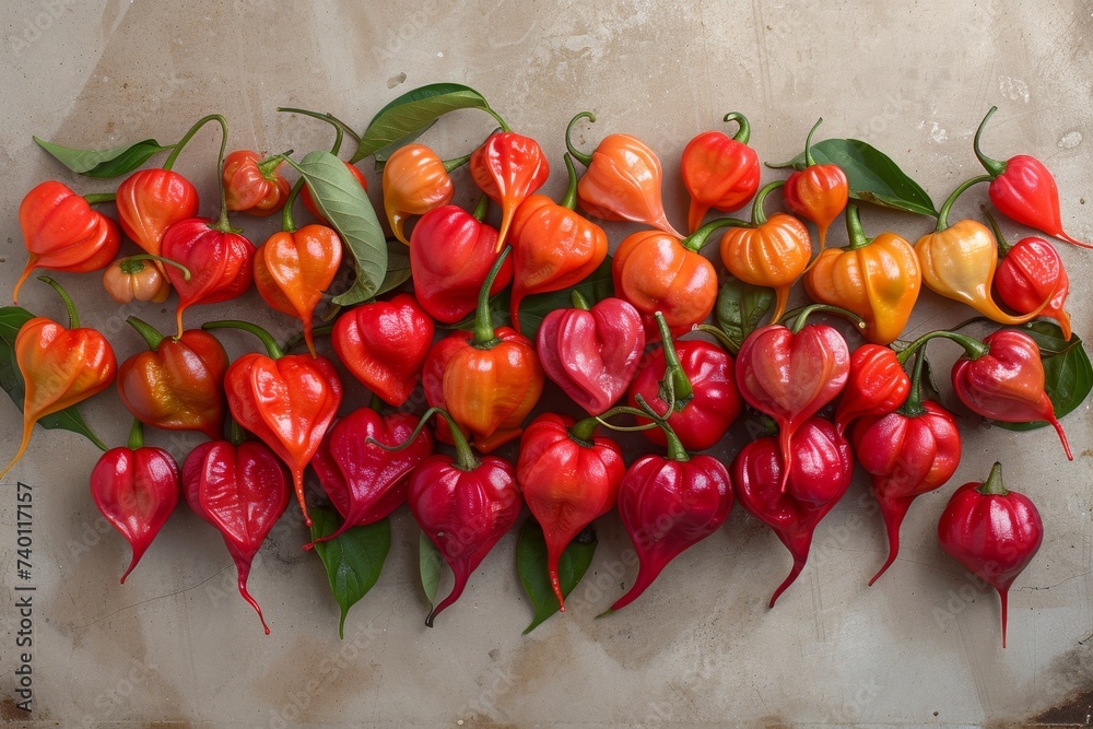 Poster red and yellow peppers with lush green leaves. the peppers stand out against the backdrop, creating 