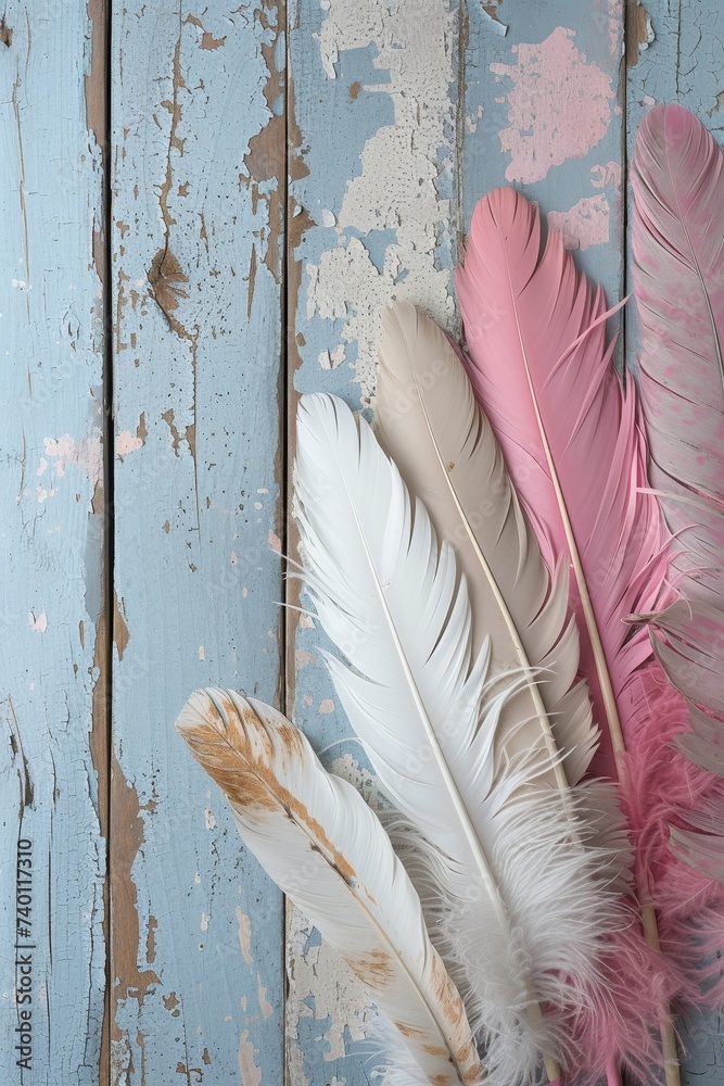 Poster A striking image of three delicate feathers elegantly arranged on a textured wooden floor, creating a harmonious blend of nature and man-made elements