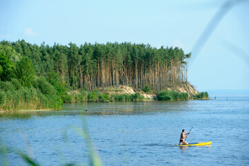 wooded promontory, people sunbathing riding Sup boards on the water of the big river....
