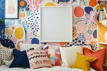Whimsical Wall Art Mockup with Playful Motifs and Patterns Showcase Your Creativity with a Blank Frame