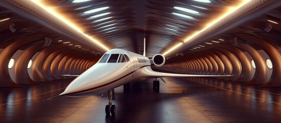A small white airplane is parked inside a tunnel, showcasing its ability to achieve supersonic flight.