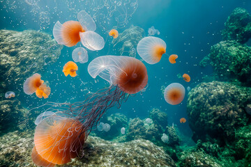 Jellyfish swims in the ocean underwater aquatic invertebrate animal, Generative IA