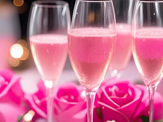 Close-up of pink rose champagne glasses with bokeh lights in the background.