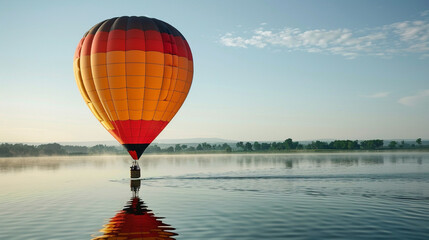 Colorful hot air balloon on the background of the river and forest