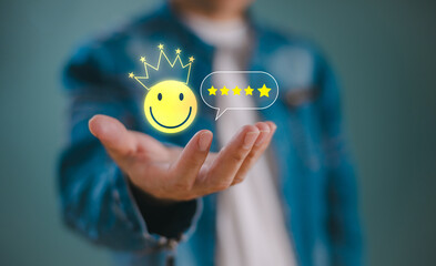 Customer experience wellness service concept. Employee wellbeing happy health, smile relax face. Best excellent level services,five star rating. Satisfaction present hand client. Good review feedback