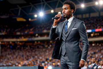 African-American man holding microphone in hand as he performs as a speaker at an event, , Generative IA