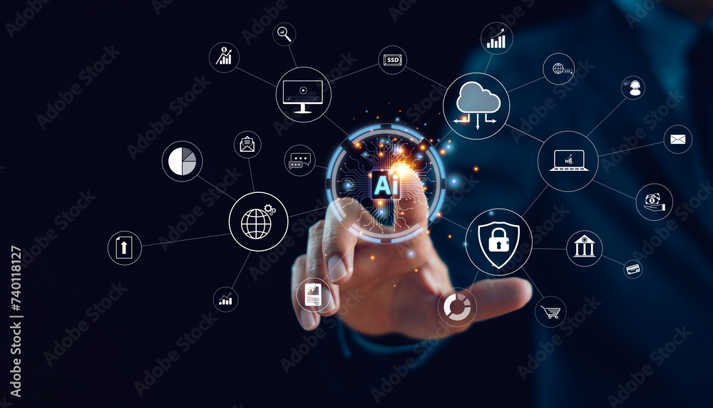 Poster ai tech expert business. businessman show virtual graphic global internet connect robot. chat ai, ar