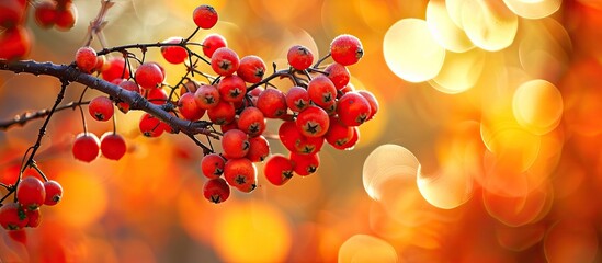 This close-up photo showcases vibrant rowan berries clustered on a tree branch, with a focus on the natural beauty of the berries and branch.