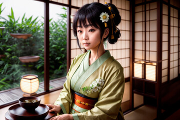 Japanese woman wearing kimono prepares traditional tea ceremony surrounded by Japanese paper screen and lamp and an outdoor Bamboo garden, , Generative IA