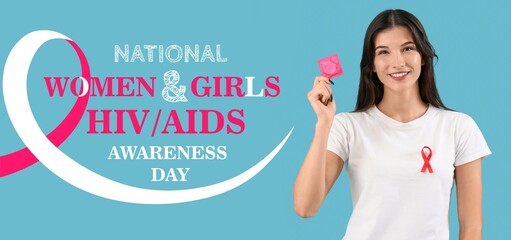 Awareness banner for National Women and Girls HIV AIDS Awareness Day with woman holding condom
