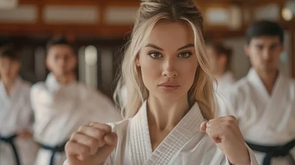 Gordijnen Blonde woman with classmates white martial arts uniform fist up  © Amanda