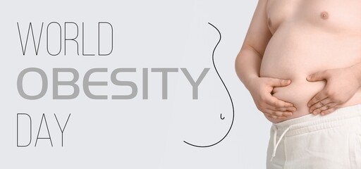 Banner for World Obesity Day with overweight man - obrazy, fototapety, plakaty