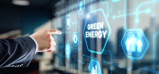 Businessman clicks Green eco energy icons. Reducing environmental risks