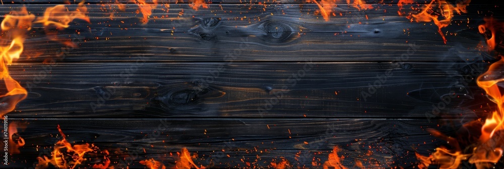 Poster fire frame on a rustic wooden background. the flames flicker and dance, casting a warm glow and crea