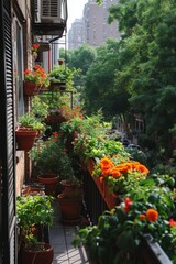 Fototapeta na wymiar A vibrant and lush balcony overflowing with an array of potted plants, creating a serene and green sanctuary in the heart of the city