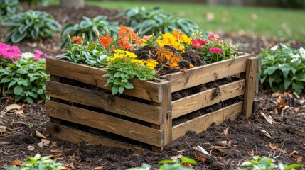 Fototapeta na wymiar Wooden composting bin for home and garden waste recycling in a flower filled outdoor setting