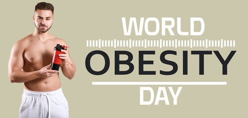 Banner for World Obesity Day with sporty man holding protein shake