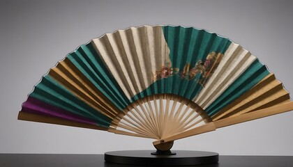A colorful, hand-painted fan on a display stand
