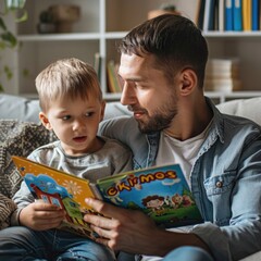 Obraz premium Father is reading a book to his lillte son