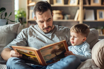 Fototapeta premium Father is sitting on a sofa with his son and reading a book to him
