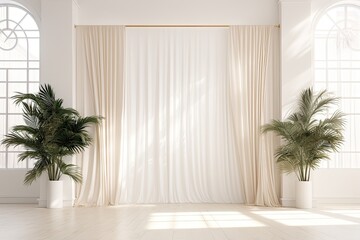 Fototapeta na wymiar Wedding backdrop white aesthetic flower indoor studio minimalist ornament background