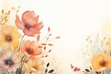 Beautiful watercolor background with pastel flowers and leaves with copy space 