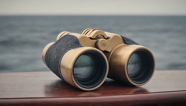 A pair of polished, bronze binoculars on a ship's deck