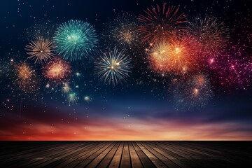 Fototapeta na wymiar beautiful colorful fireworks on drak sky background with wood terrace