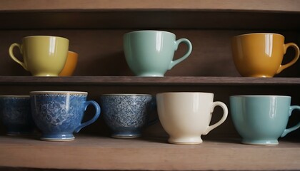 A set of colorful, ceramic teacups on a kitchen shelf