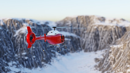 red helicopter flying over snowy mountains