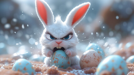 Scarily cute and vicious white Easter bunny ferociously guarding his eggs.
