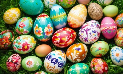 Fototapeta na wymiar colorful easter eggs and flowers, Happy Easter
