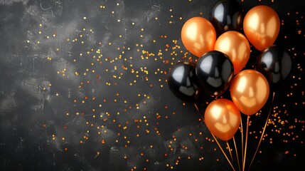 Black friday sale ad with orange and black balloons on dark background, text space, shopping concept - obrazy, fototapety, plakaty