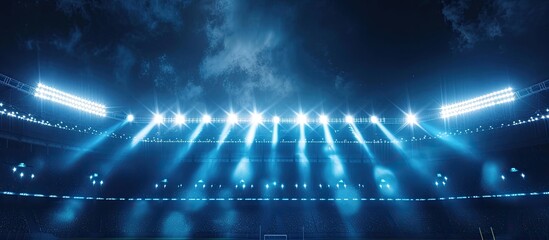 Fototapeta na wymiar This captivating low angle shot showcases a stadium filled with an impressive display of bright blue lights, illuminating the night sky.