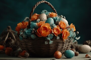 Easter basket with flowers and eggs, light soft color, orange color, brown, turquoise, indigo colors