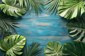  lush greenery of tropical leaves against a serene blue wooden background, creating a harmonious and calming visual contrast