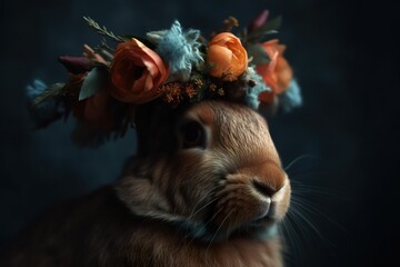 Easter bunny with a flower crown, light soft color, orange color, brown, turquoise, indigo colors