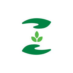 Vector flat agricultural plant leaves in hands logo symbol on white background. Biotechnology concept. Illustration for agro, farming and livestock business.
