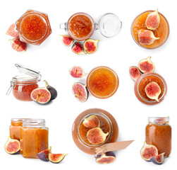 Set of sweet fig jam on white background