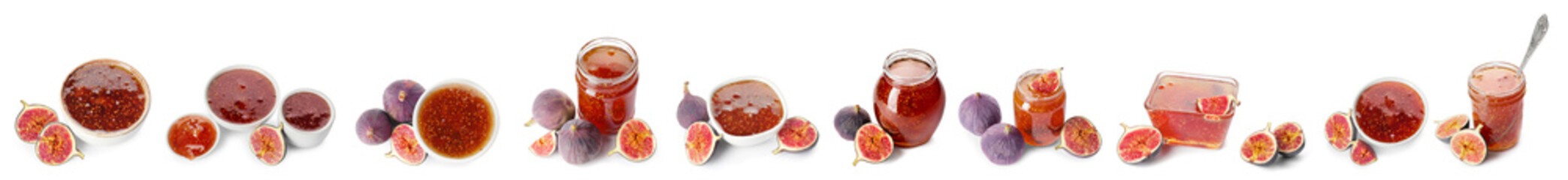 Set of sweet fig jam on white background